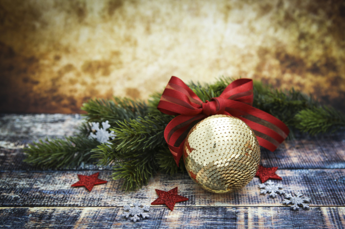 Classic Christmas decorations on colorful background